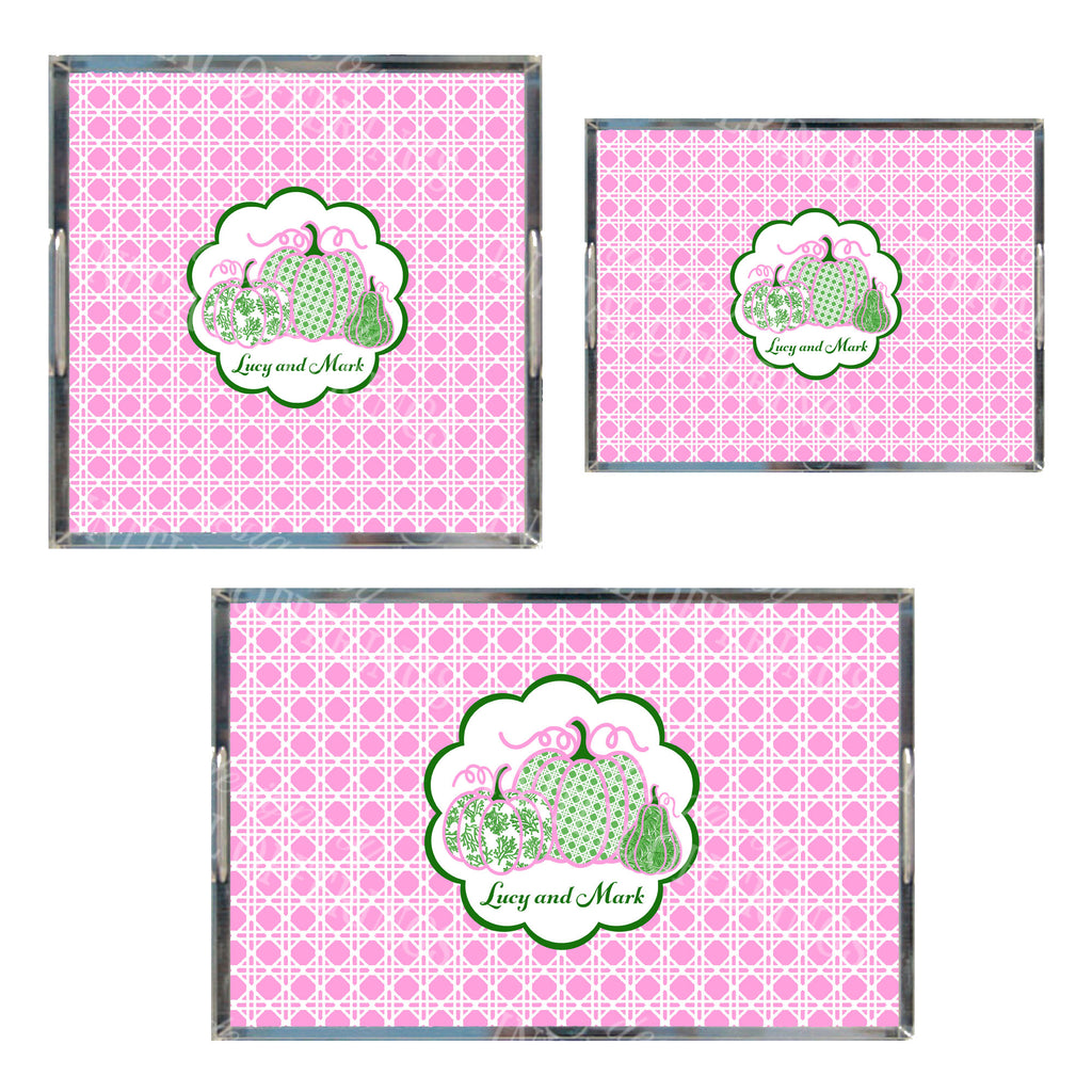 Pink Pumpkin Trio Acrylic Tray in 3 Sizes - With Gingham Border