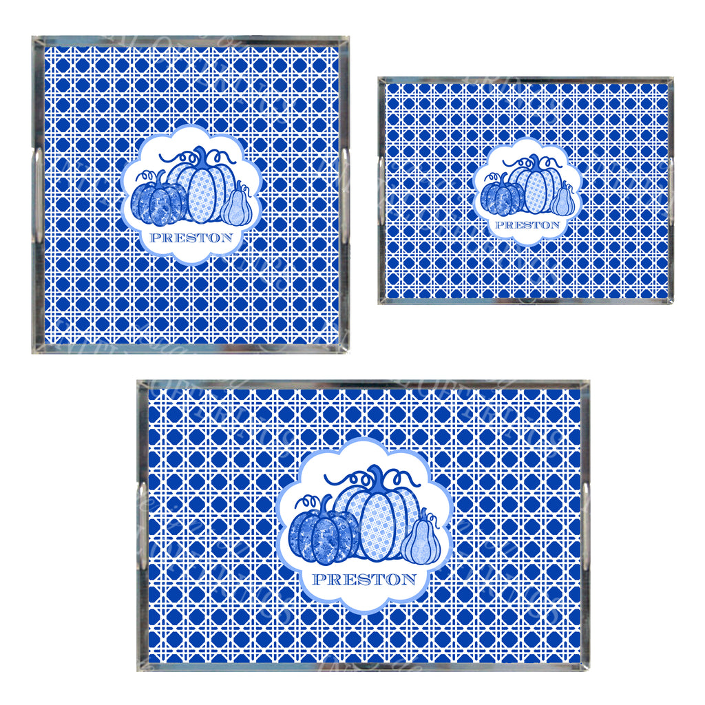 Blue Pumpkin Trio Acrylic Tray in 3 Sizes - With Gingham Border