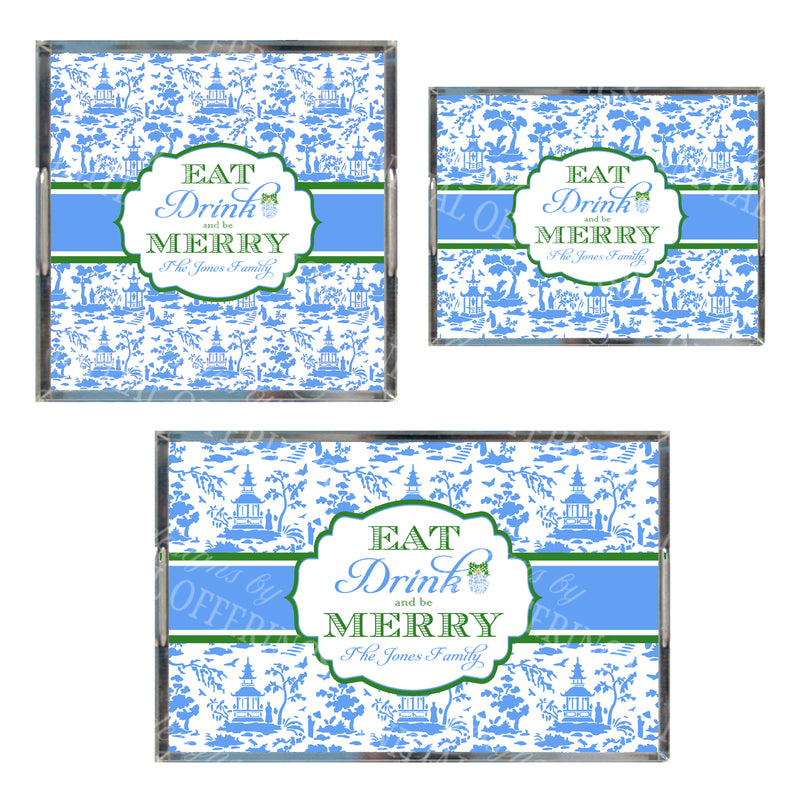 Blue and Green Eat Drink and be Merry Acrylic Tray in 3 Sizes