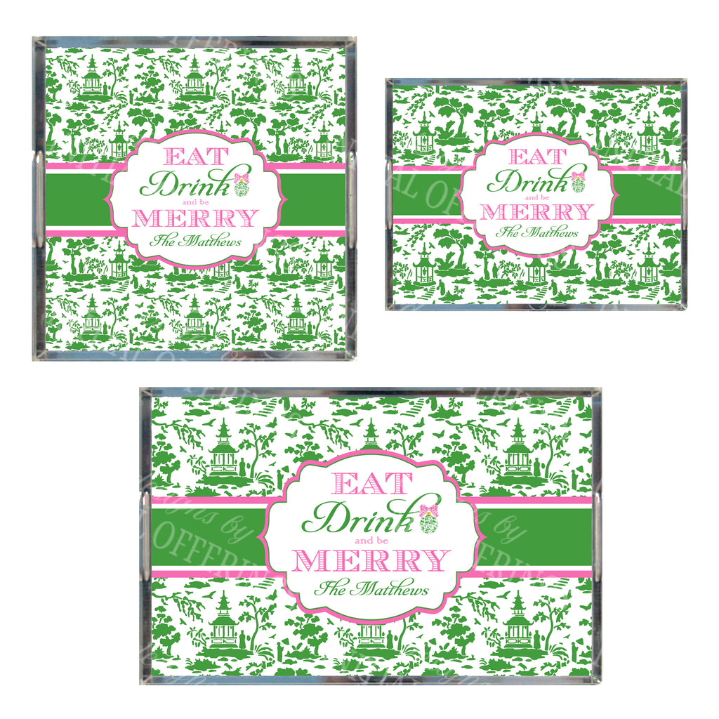Pink and Green Eat Drink and be Merry Acrylic Tray in 3 Sizes