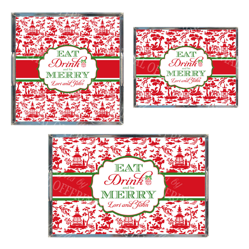 Red and Green Eat Drink and be Merry Acrylic Tray in 3 Sizes