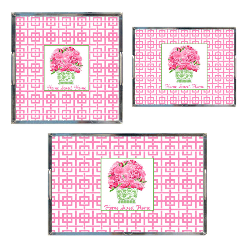 Pink Peonies in Green Planter Pink Trellis Acrylic Tray in 3 Sizes