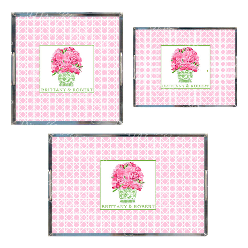 Pink Peonies in Green Planter Pink Wicker Acrylic Tray in 3 Sizes