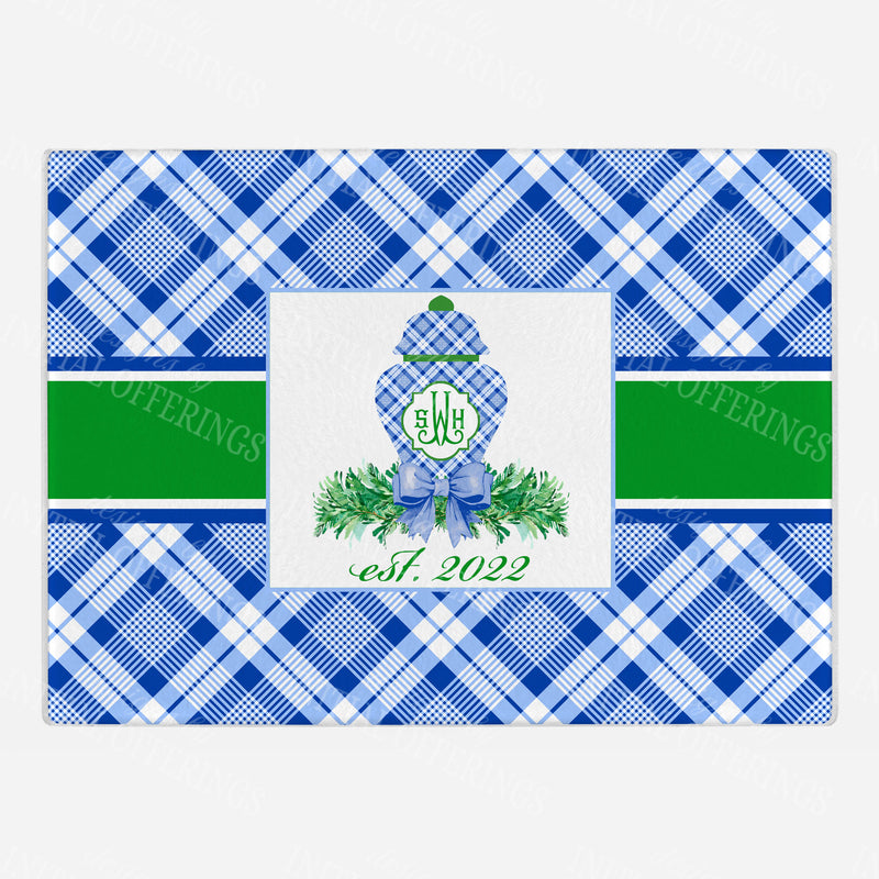 Blue and White Plaid Ginger Jar Swag Cutting Board - 2 Sizes