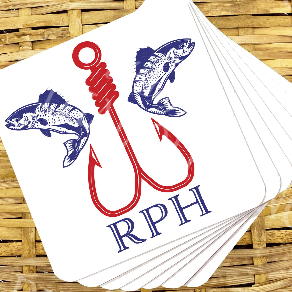Fishing in Navy and Red Personalized Coasters