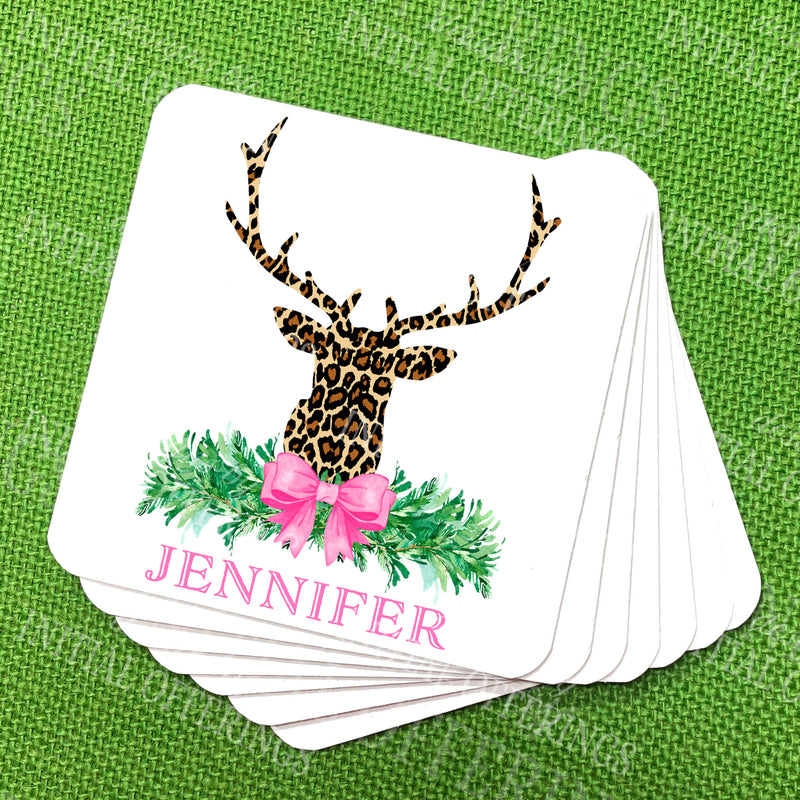 Leopard Print Stag Head Swag with Pink Bow Coasters