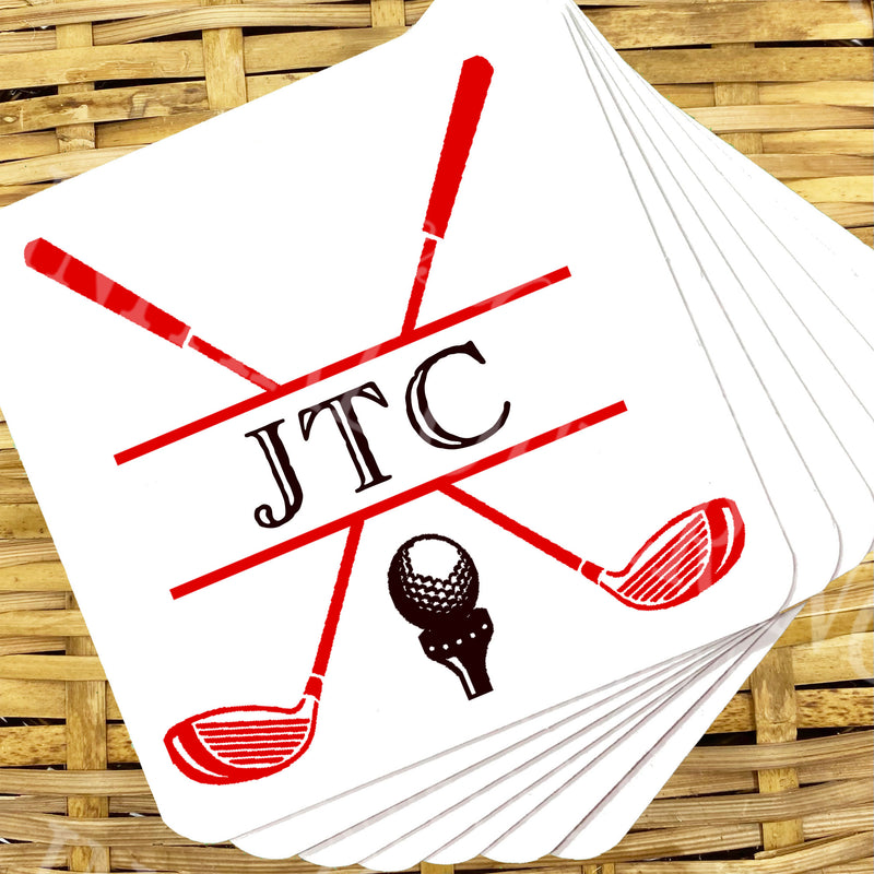 Golf Clubs in Red and Black Personalized Coasters