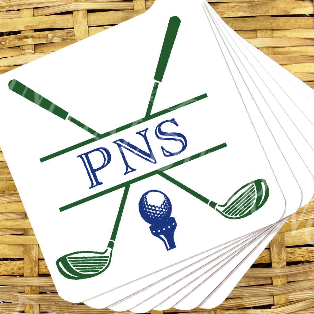 Golf Clubs in Navy and Green Personalized Coasters