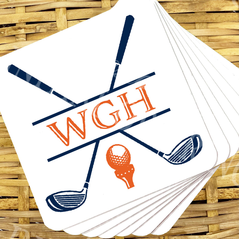 Golf Clubs in Navy and Orange Personalized Coasters