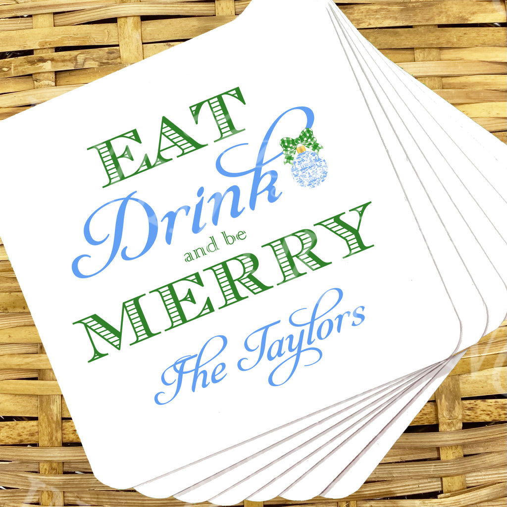 Blue and Green Eat Drink and be Merry Coasters
