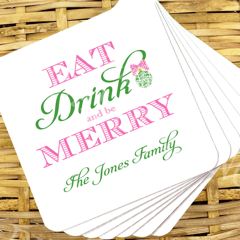 Pink and Green Eat Drink and be Merry Coasters