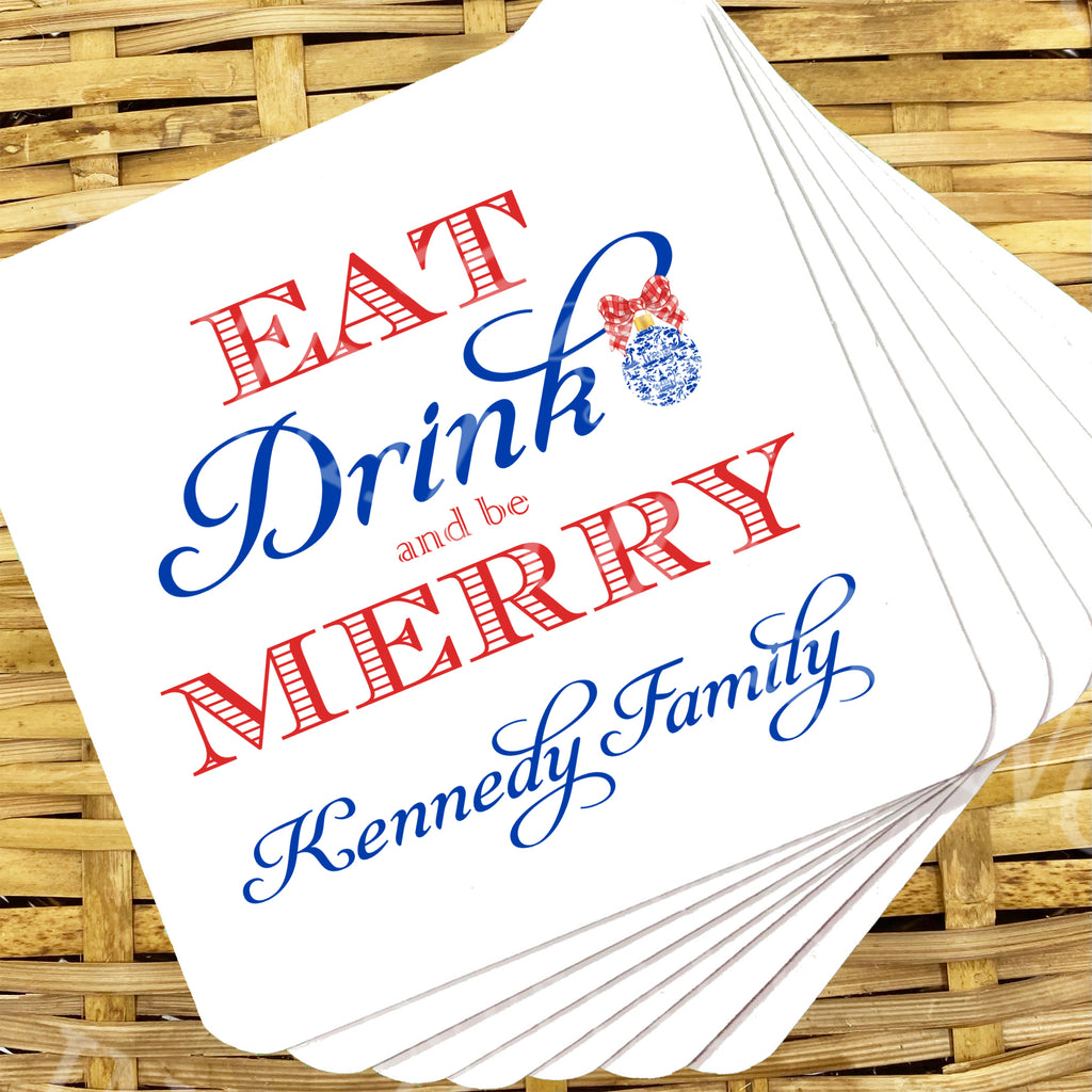 Red and Blue Eat Drink and be Merry Coasters