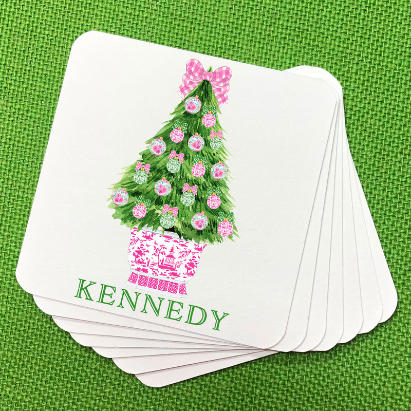 Pink and Green Christmas Tree Coasters