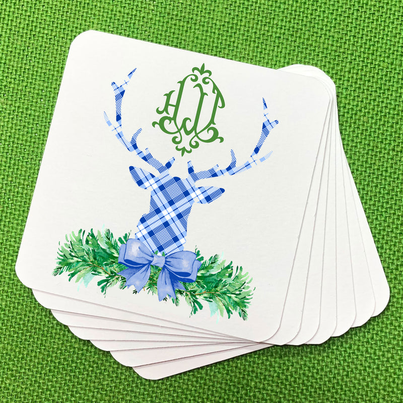 Blue and White Plaid Stag Head Swag Coasters
