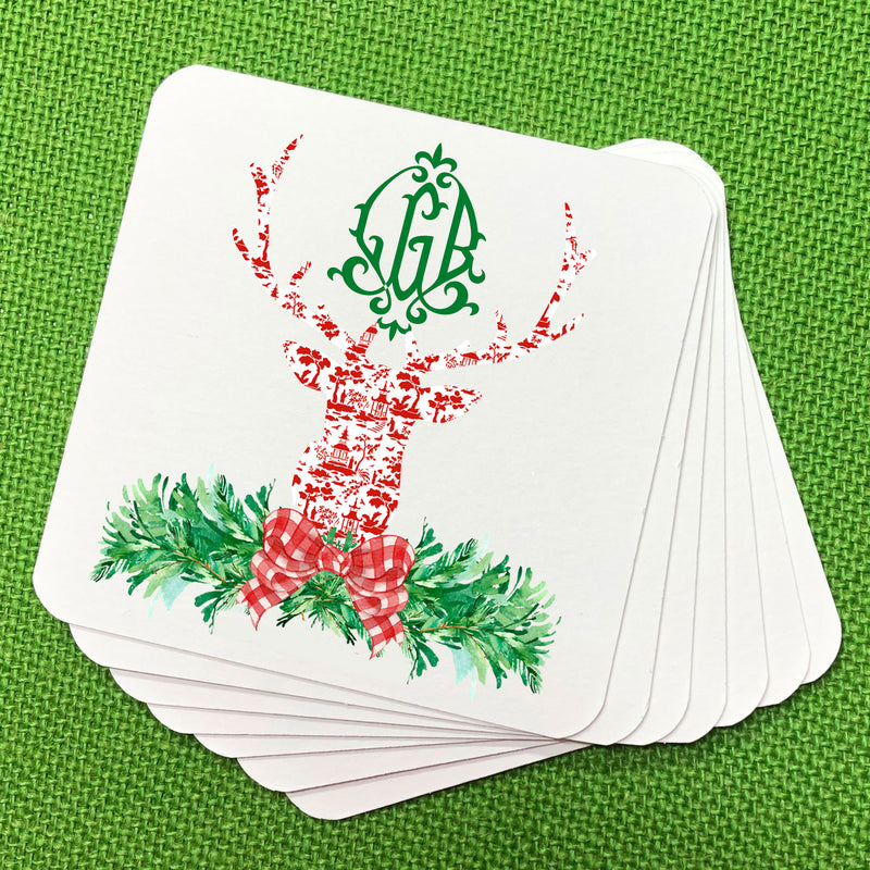 Red and White Pagoda Toile Stag Head Swag Coasters