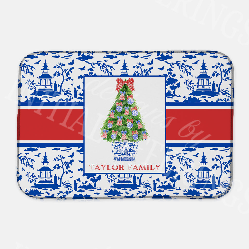 Red and Blue Christmas Tree Dish Mat