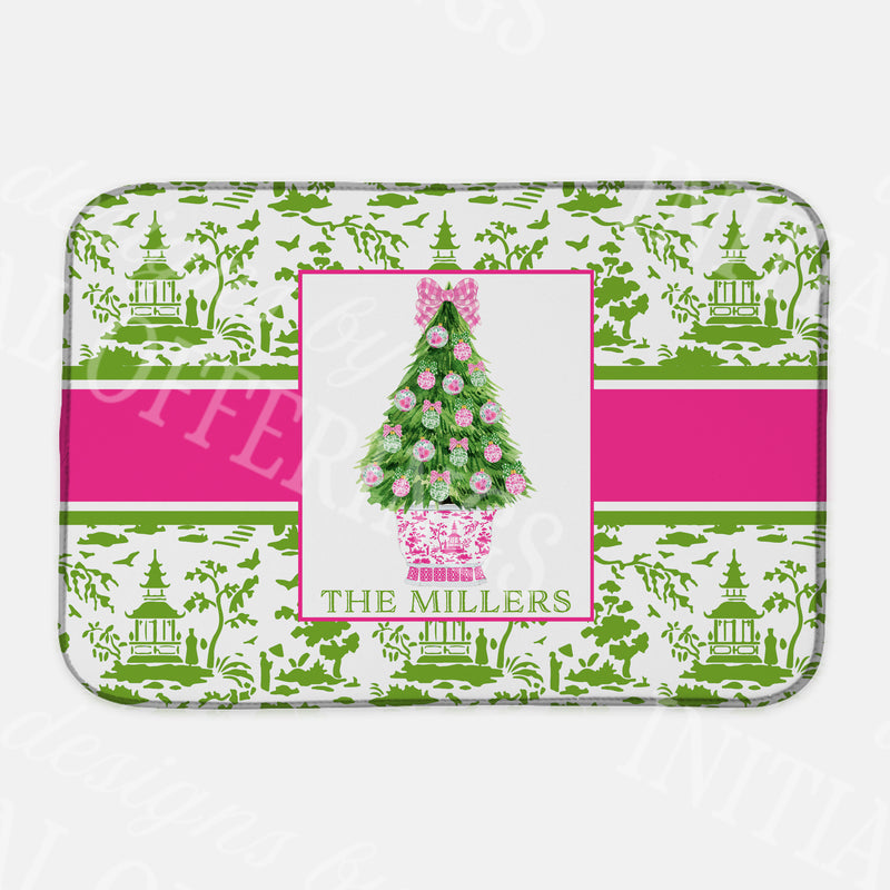 Pink and Green Christmas Tree Dish Mat