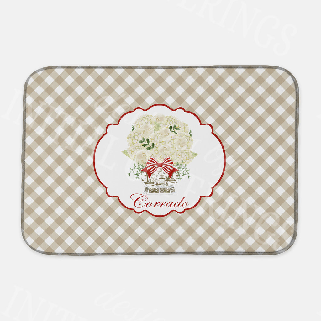 White Bouquet in Khaki Planter with Cranberry Dish Mat