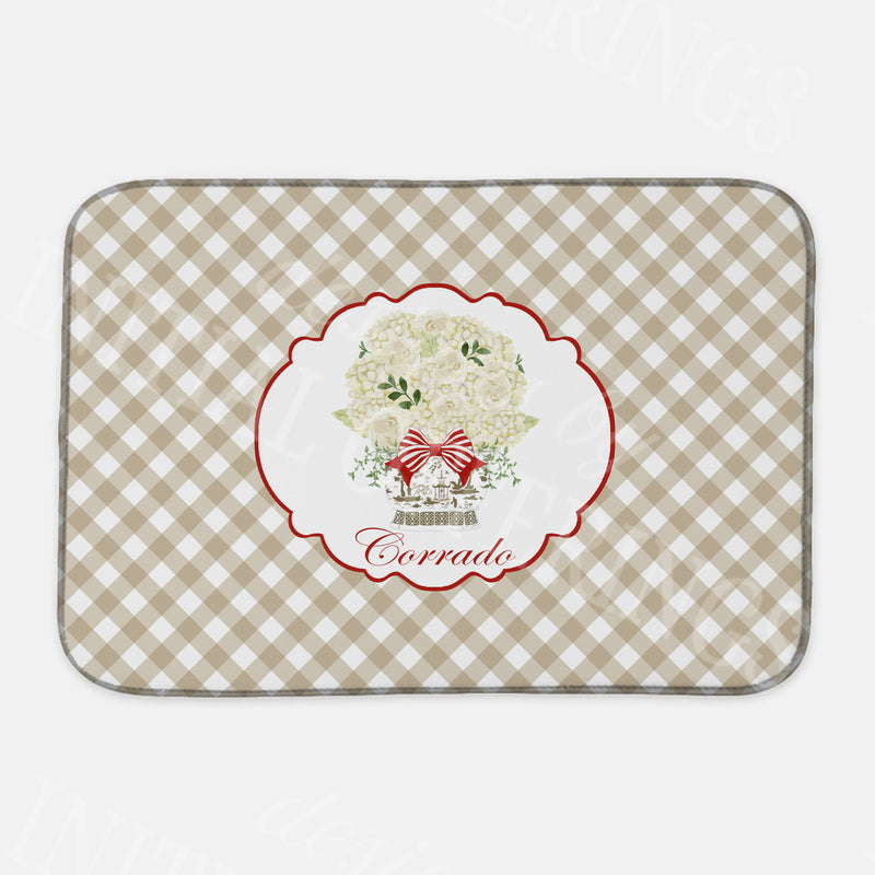 White Bouquet in Khaki Planter with Cranberry Dish Mat