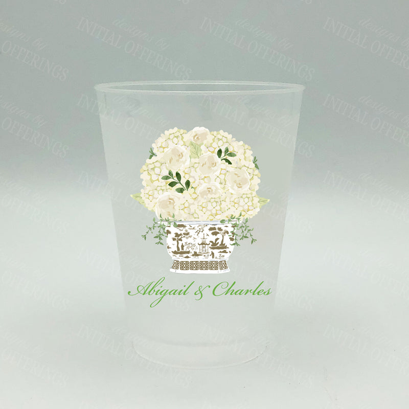 White Bouquet in Khaki Planter Shatterproof Frost Cups - Personalized