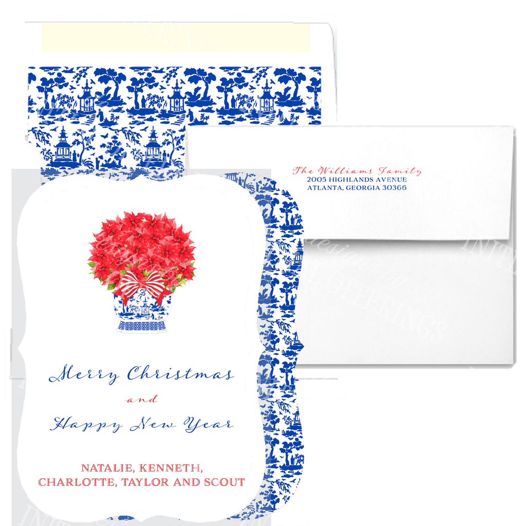 Poinsettia in Blue Chinoiserie Planter Bracket Edge Greeting Cards