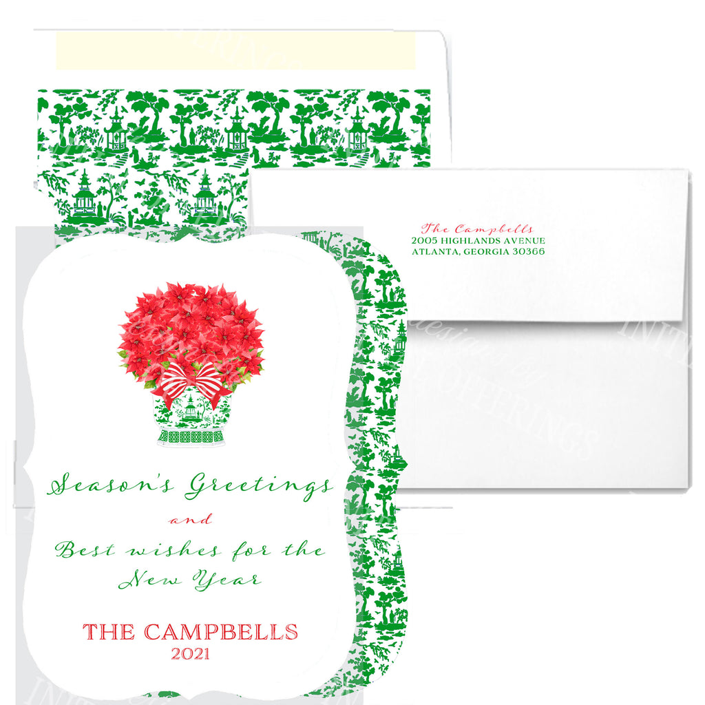 Poinsettia in Green Chinoiserie Planter Bracket Edge Greeting Cards