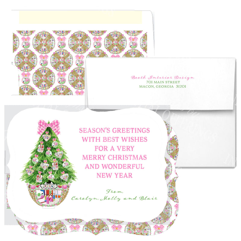 Famille Rose Medallion Inspired Christmas Tree Bracket Edge Greeting Cards