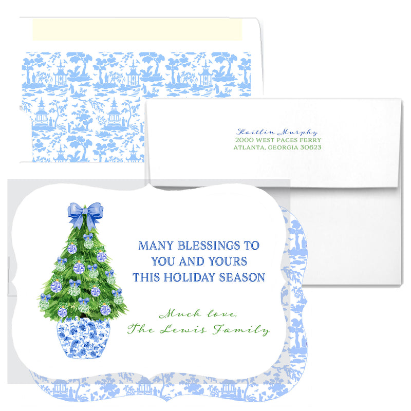 Blue and Green Christmas Tree Bracket Edge Greeting Cards