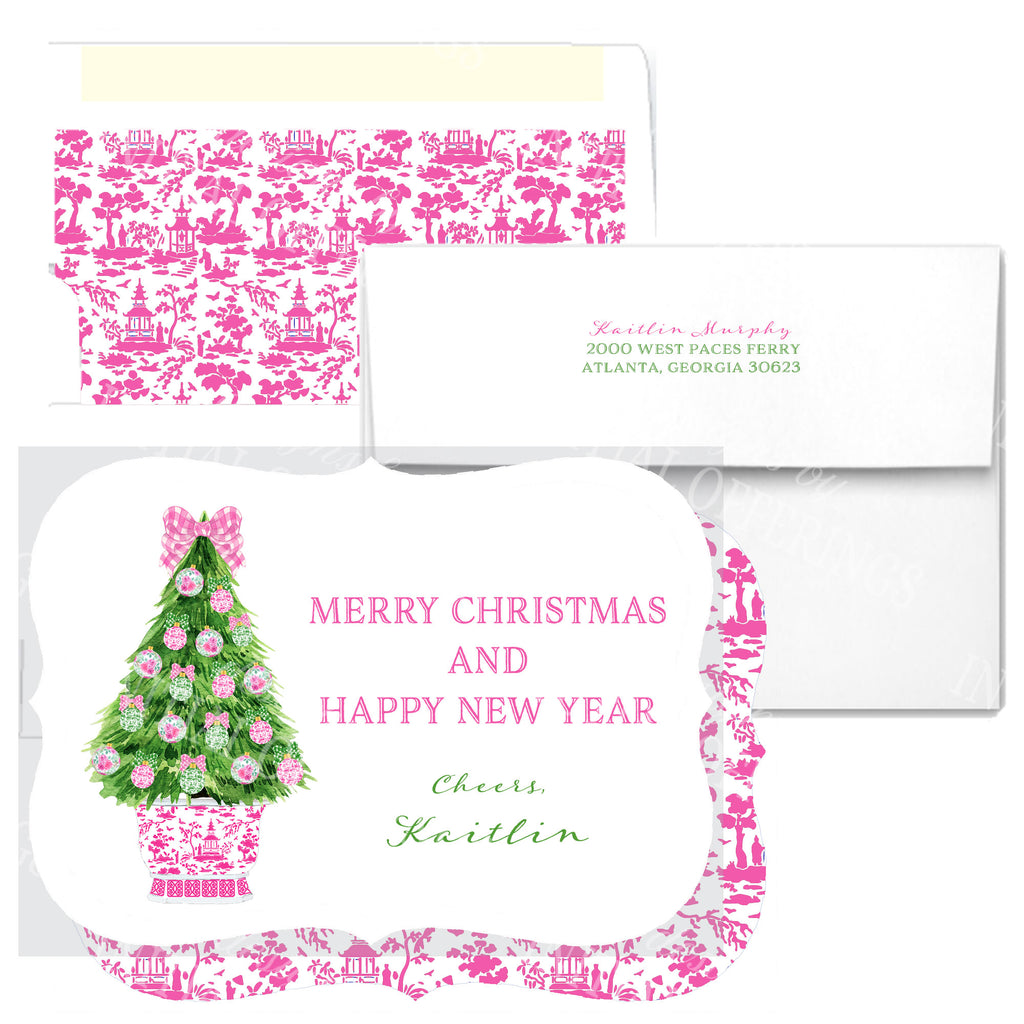 Pink and Green Christmas Tree Bracket Edge Greeting Cards