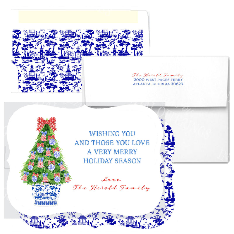 Red and Blue Christmas Tree Bracket Edge Greeting Cards