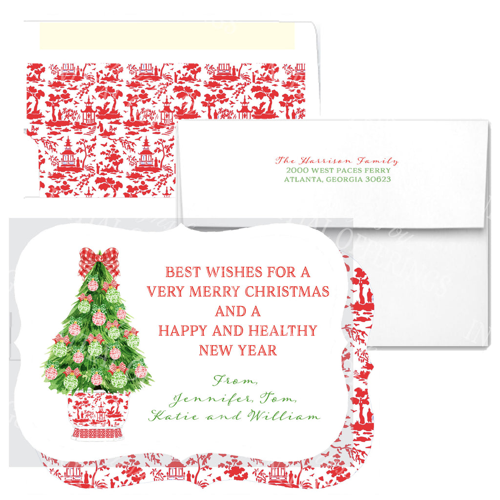 Red and Green Christmas Tree Bracket Edge Greeting Cards