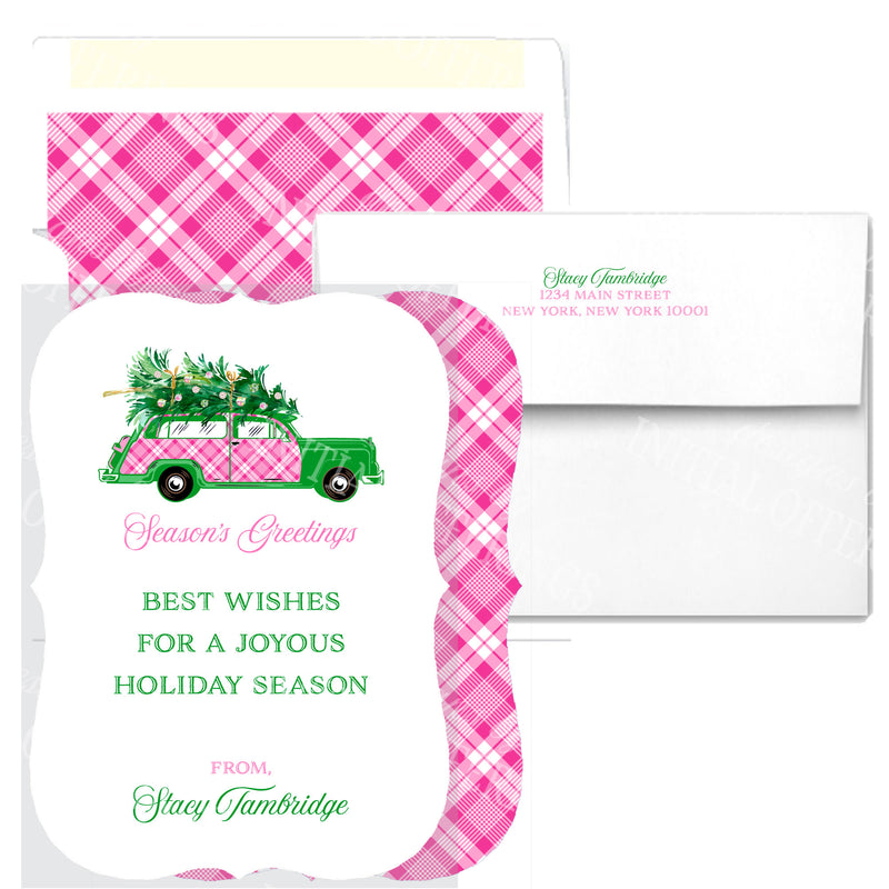 Pink and White Plaid Woody Wagon Bracket Edge Greeting Cards