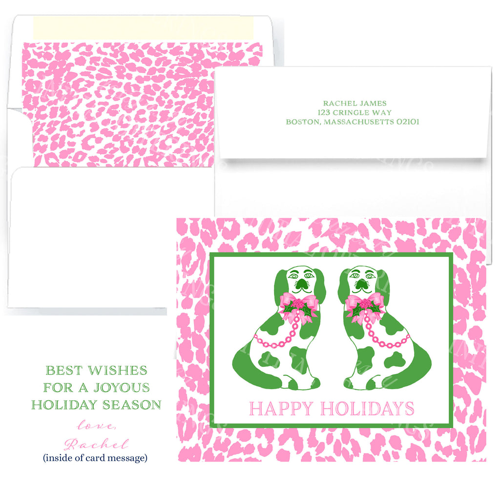 Pink and Green Holiday Staffordshire Spaniels Greeting Cards