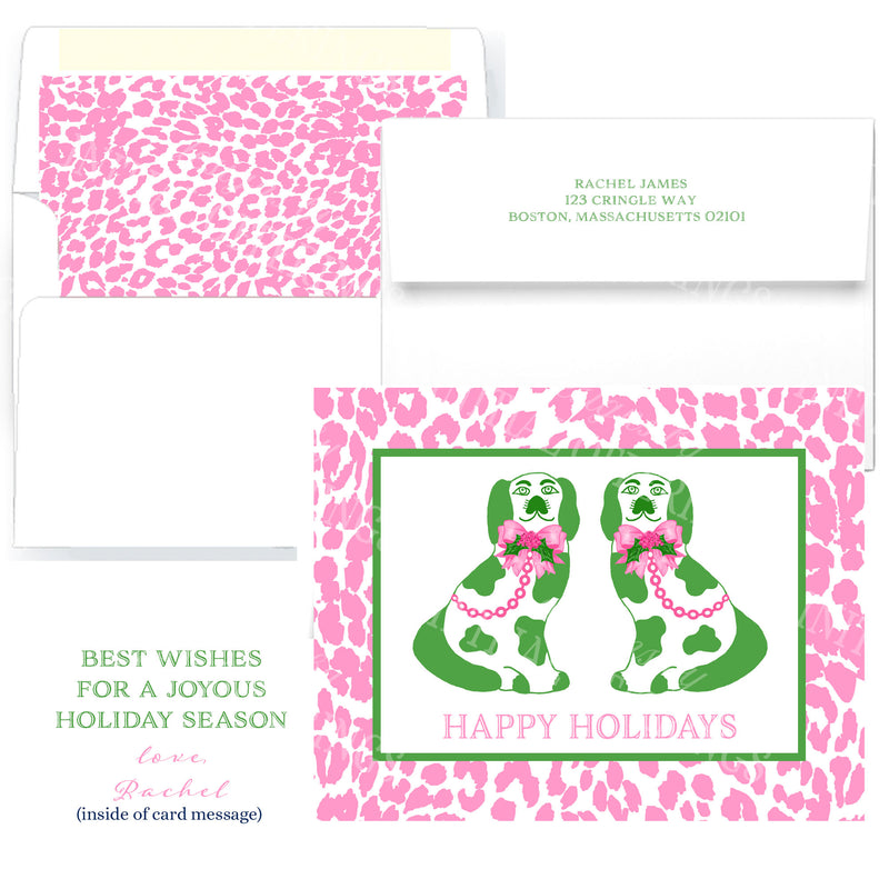 Pink and Green Holiday Staffordshire Spaniels Greeting Cards