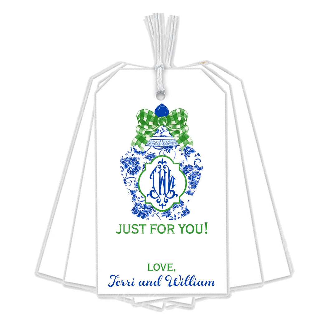 Ginger Jar with Green Gingham Bow Gift Tags