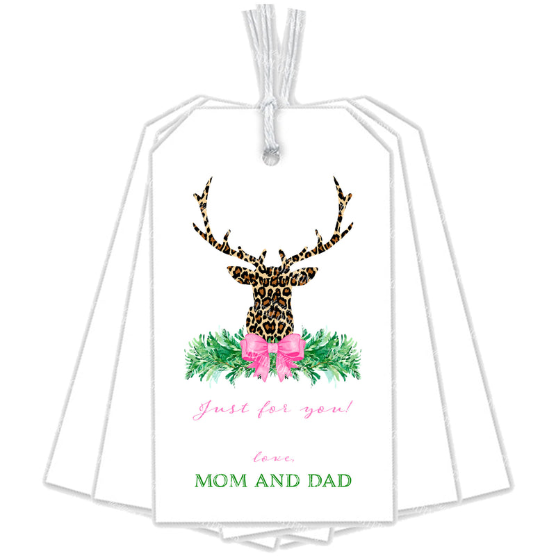 Leopard Print Stag Head Swag with Pink Bow Gift Tags