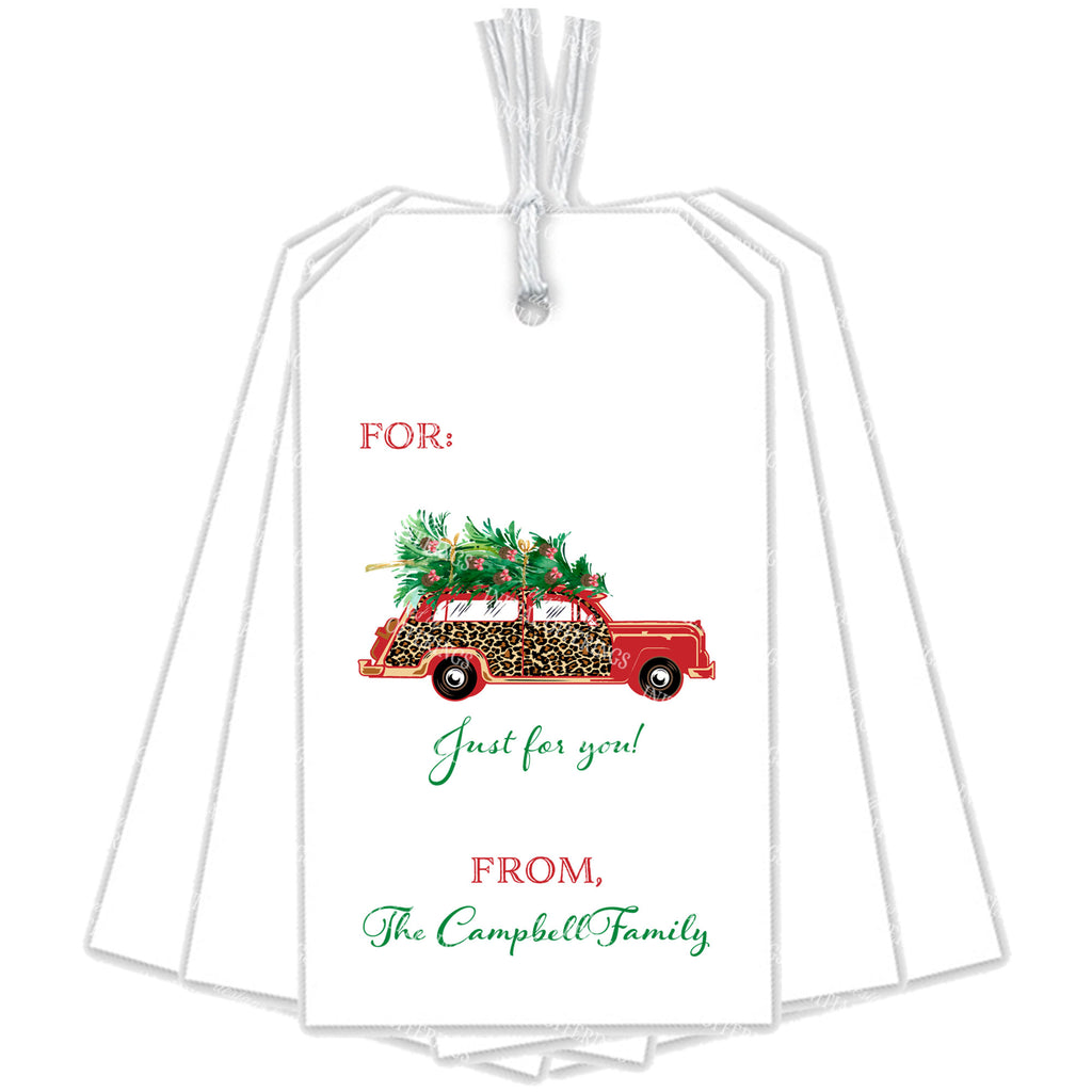 Leopard Print Red Woody Wagon Gift Tags