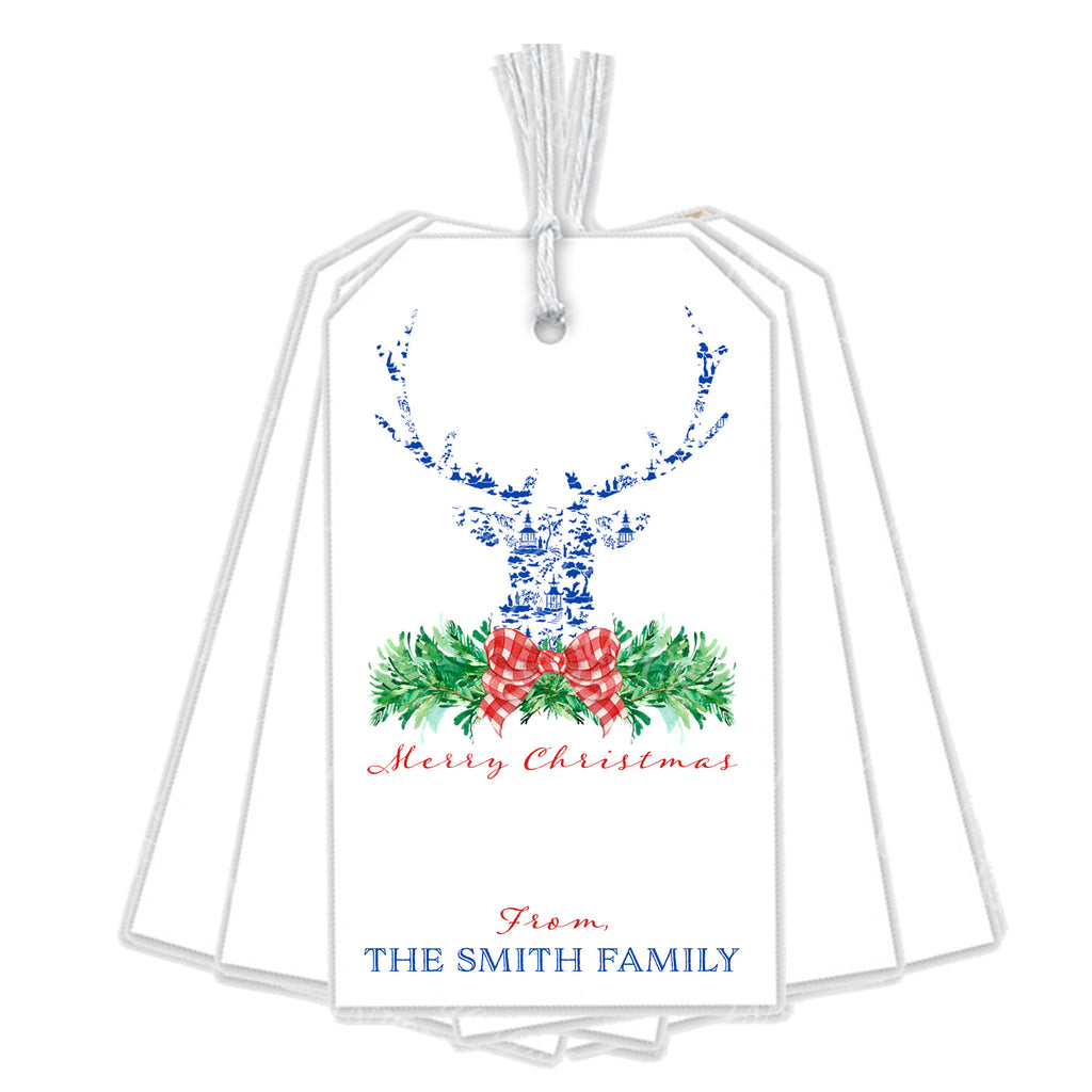 Red and Blue Pagoda Toile Stag Head Swag Gift Tags