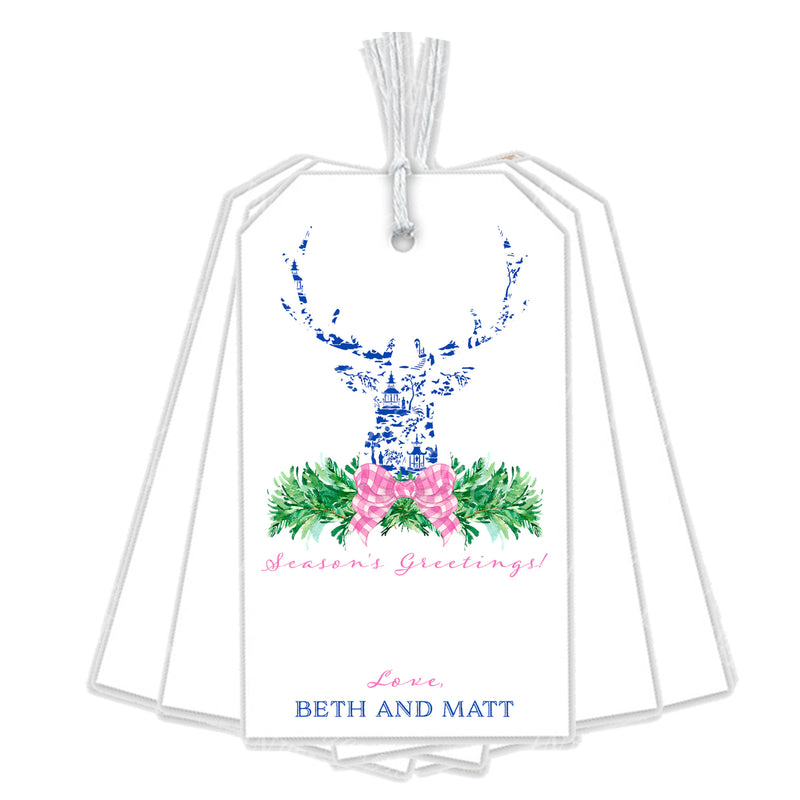Pink and Blue Pagoda Toile Stag Head Swag Gift Tags