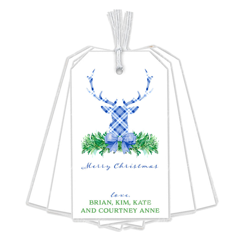 Blue and White Plaid Stag Head Swag Gift Tags