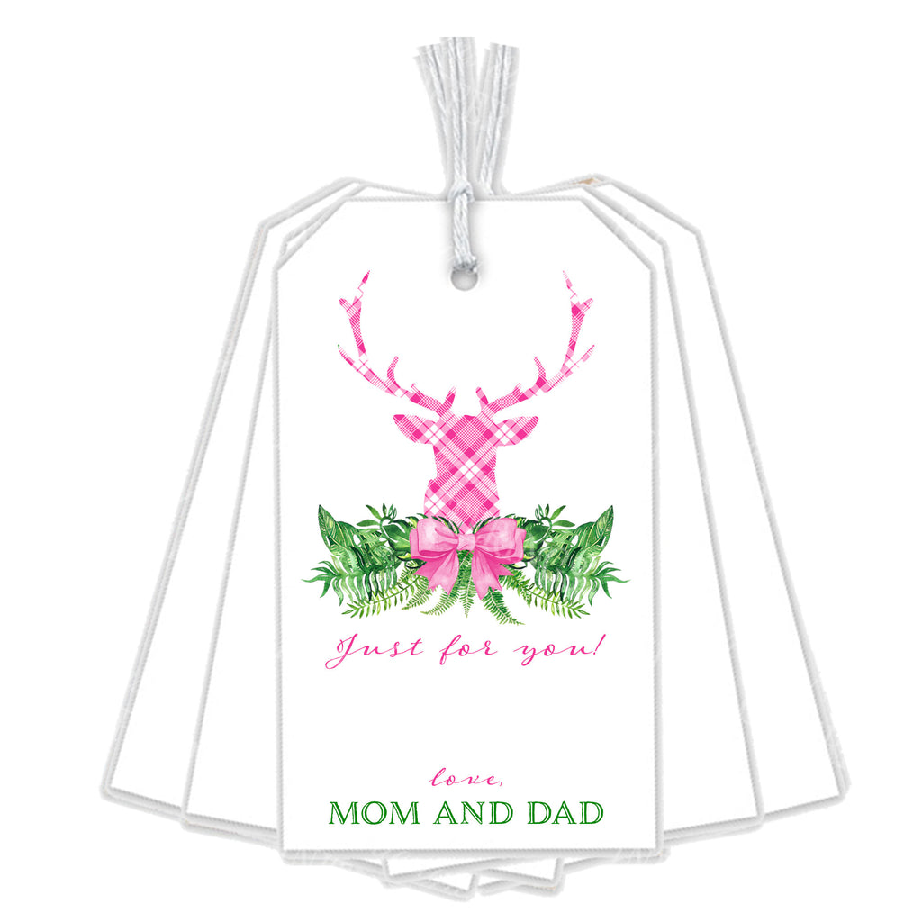 Pink and White Plaid Stag Head Swag Gift Tags