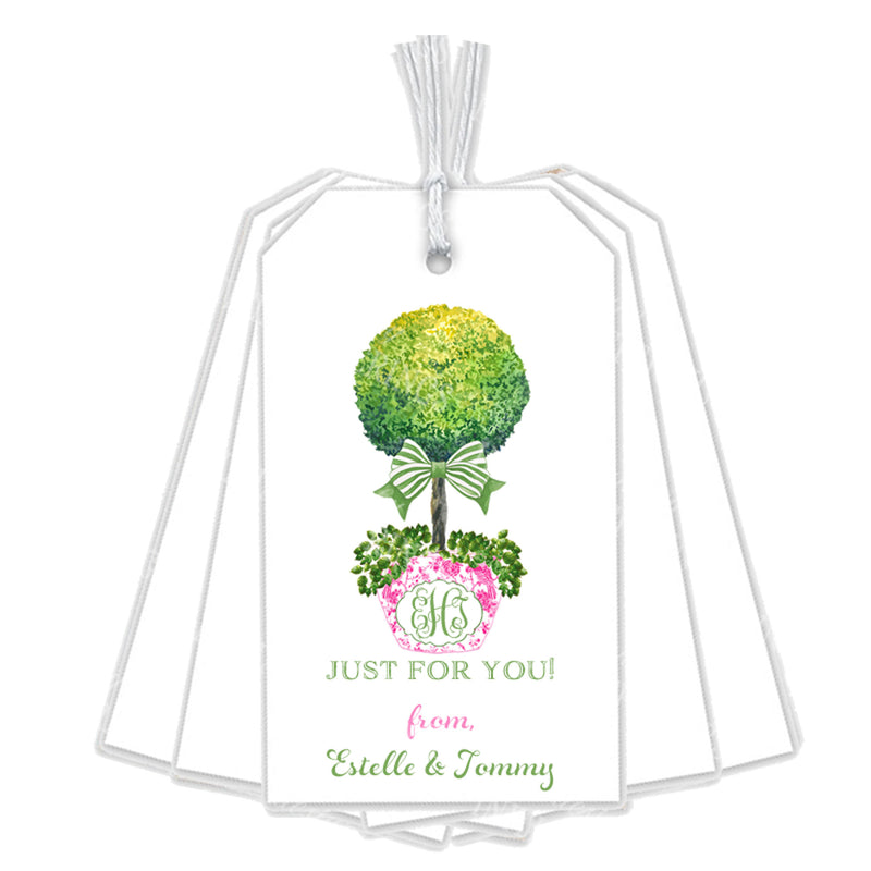 Topiary in Pink Planter with Green Bow Gift Tags