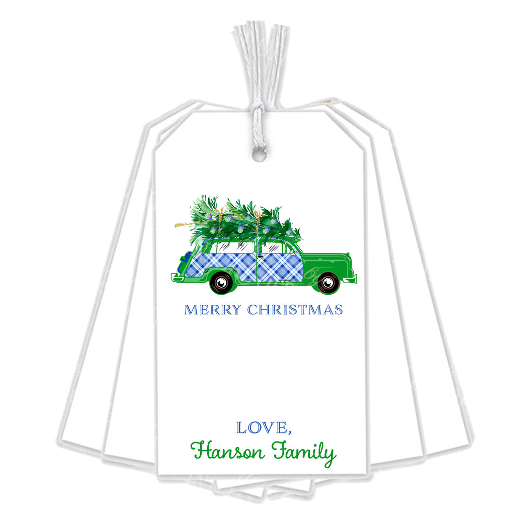 Blue and White Plaid Woody Wagon Gift Tags