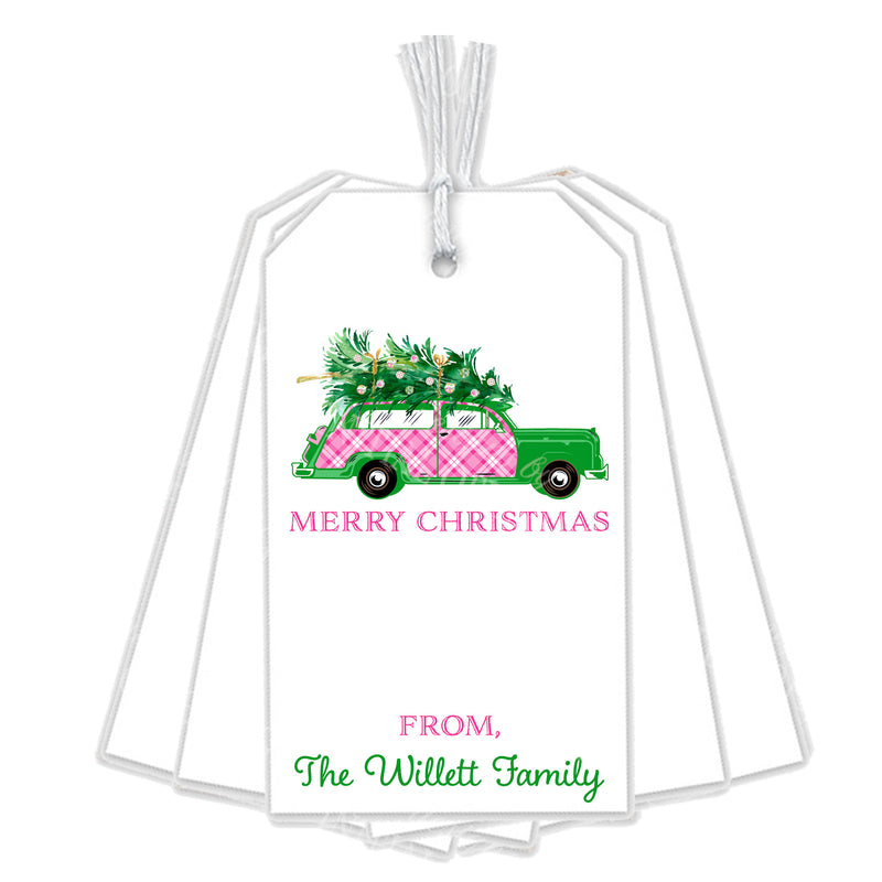 Pink and White Plaid Woody Wagon Gift Tags