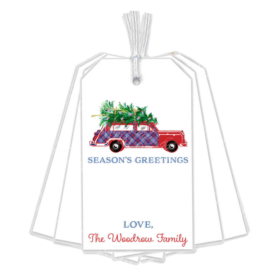 Red and Blue Plaid Woody Wagon Gift Tags