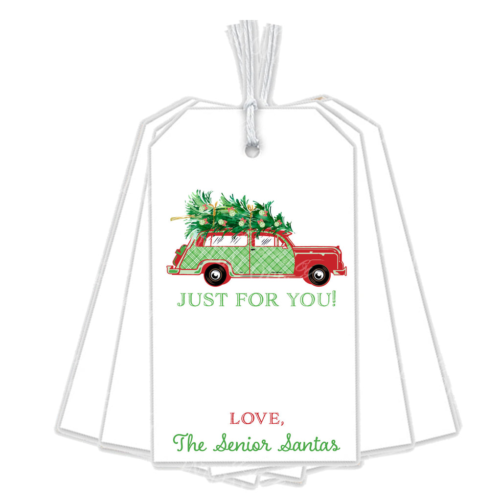 Red and Green Plaid Woody Wagon Gift Tags