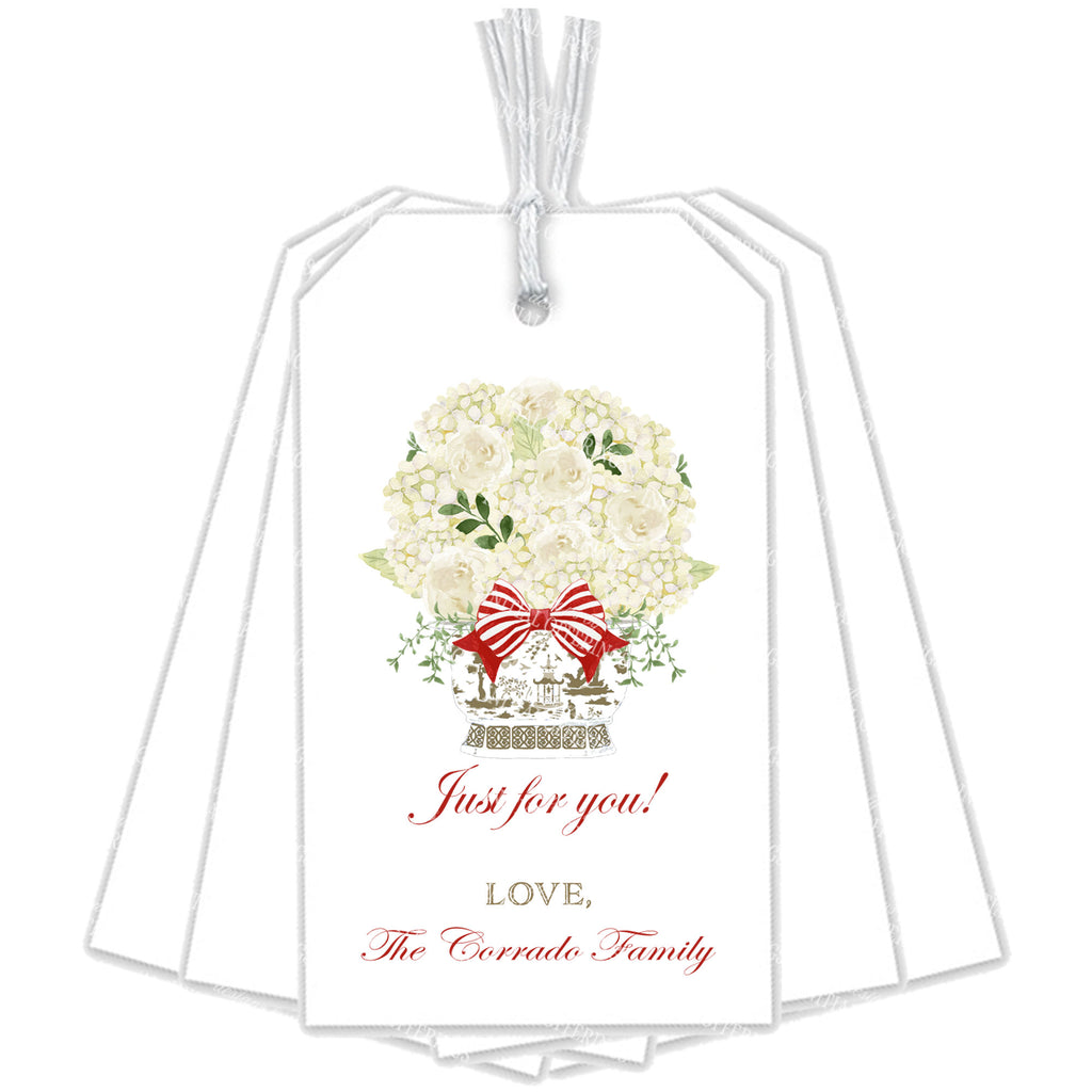 White Bouquet in Khaki Planter with Cranberry Gift Tags