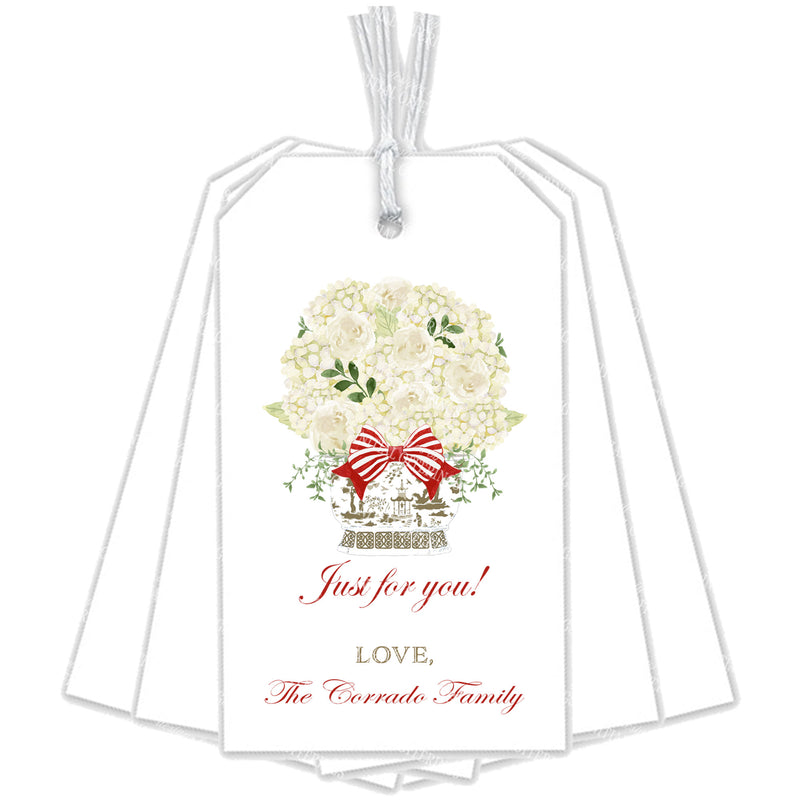 White Bouquet in Khaki Planter with Cranberry Gift Tags