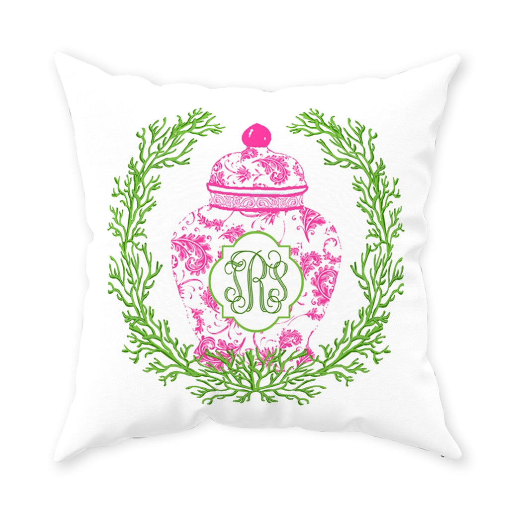 Ginger Jar Pink with Green Coral Pillow