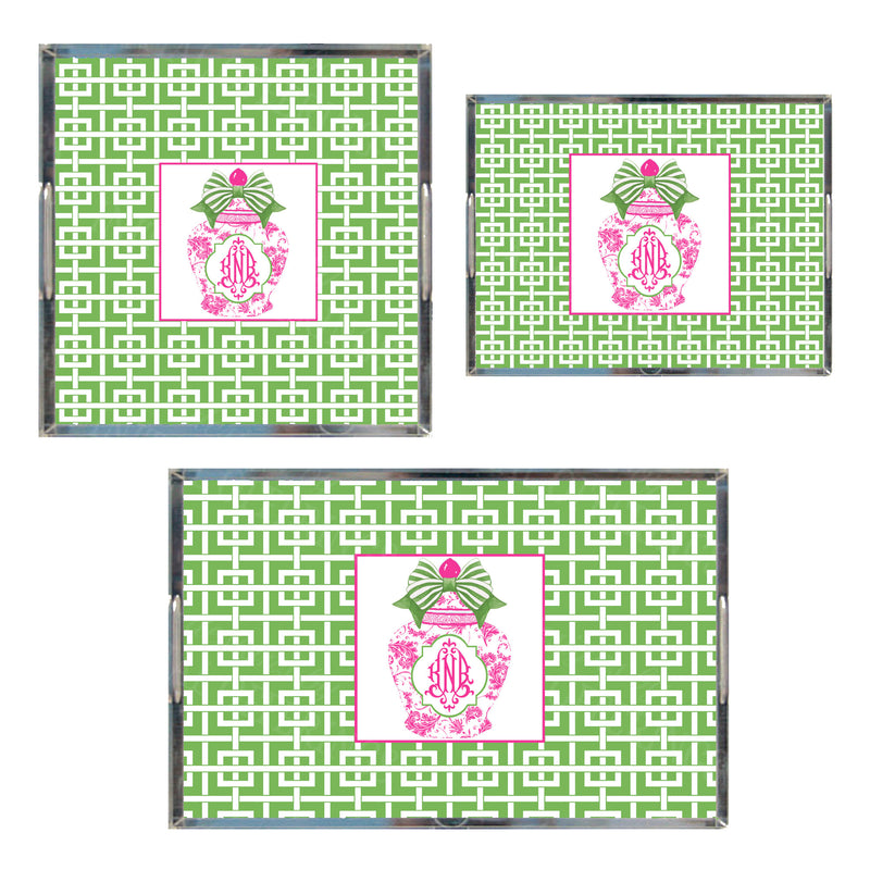 Ginger Jar Pink with Green Bow Acrylic Tray in 3 Sizes